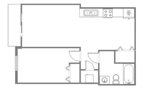 Floor plan for 1 bed, 1 bath, 509 sqft